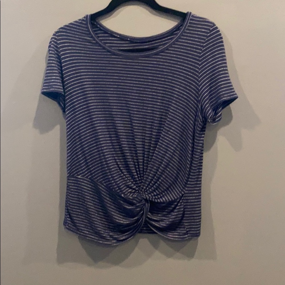 Navy blue and white striped shirt with knot